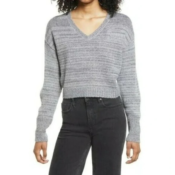 BP Cropped V-Neck Drop Shoulder Sweater in Dark Grey Heather NWT - Picture 1 of 9